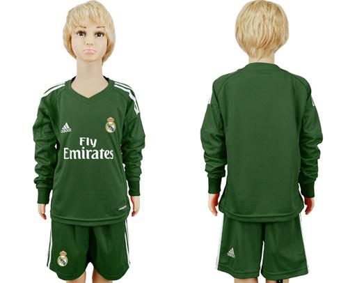 Real Madrid Blank Green Goalkeeper Long Sleeves Kid Soccer Club Jersey - Click Image to Close